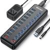 Powered USB Hub, Wenter 11-Port USB Splitter Hub (10 Faster Data Transfer Ports+ 1 Smart Charging Port) with Individual LED On/Off Switches, USB Hub 3.0 Powered with Power Adapter for Mac, PC view 1