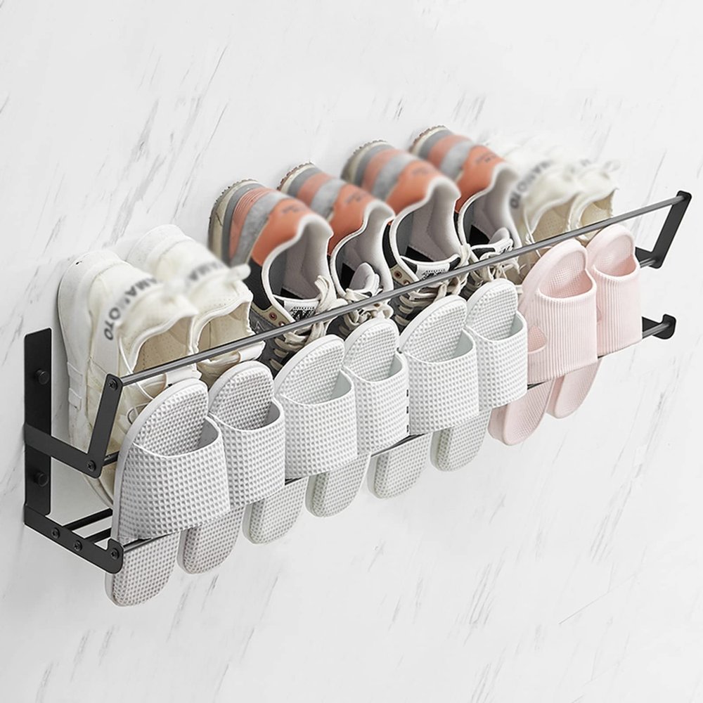 CTVR Stainless Steel Slippers Rack, Bathroom Door Slippers Organizer Stand, Wall Mounted Towel Hanger, for Kitchen, Entryway, Double-Decker (Size : 60 * 19 * 13.5cm)