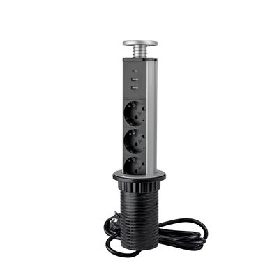 Emuca - Retractable power strip with fast charging, 3 Schuko EU sockets, 2 USB A + 1 USB C, built-in power strip tower, metallic grey, plastic and aluminium
