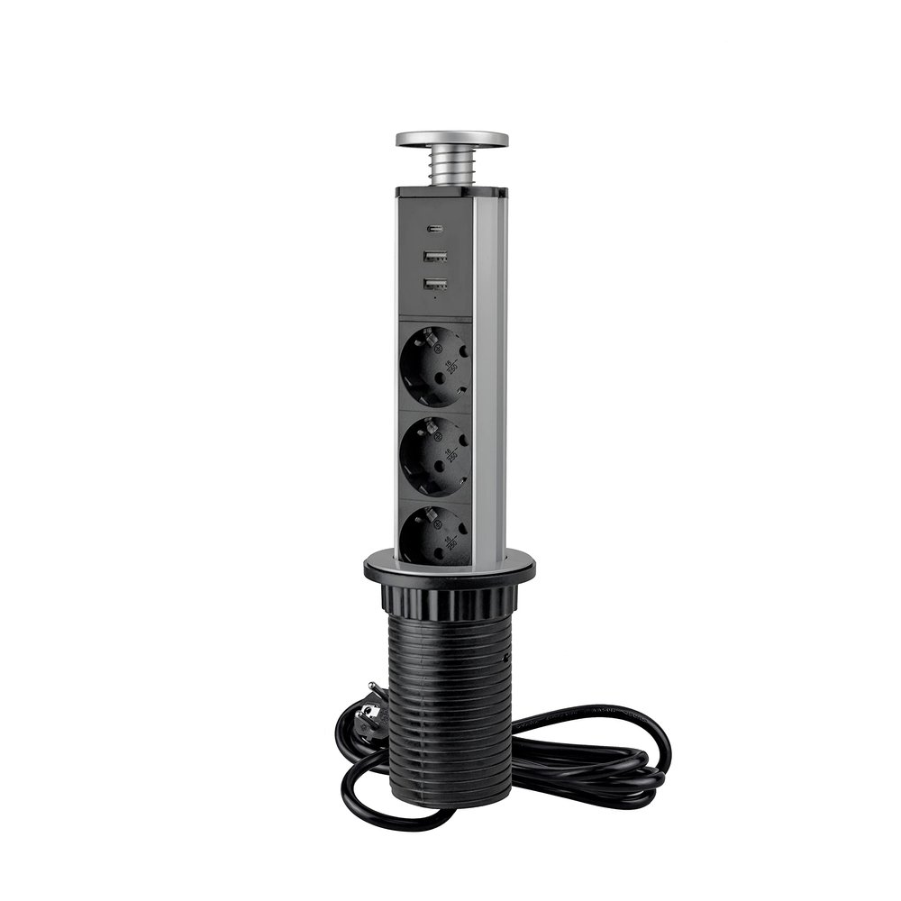 Emuca - Retractable power strip with fast charging, 3 Schuko EU sockets, 2 USB A + 1 USB C, built-in power strip tower, metallic grey, plastic and aluminium