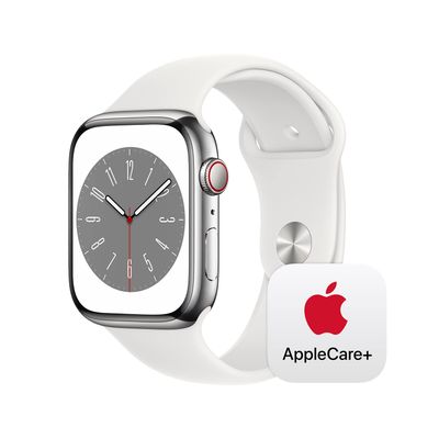 Apple Watch Series 8 [GPS + Cellular 45mm] Smart Watch w/ Silver Stainless Steel Case with White Sport Band - M/L with AppleCare+ (2 Years)