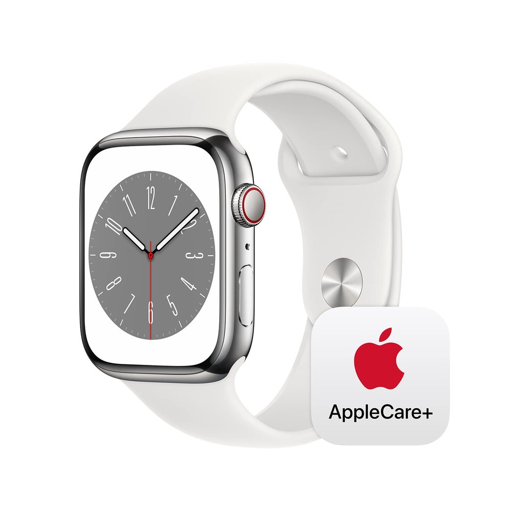 Apple Watch Series 8 [GPS + Cellular 45mm] Smart Watch w/ Silver Stainless Steel Case with White Sport Band - M/L with AppleCare+ (2 Years)