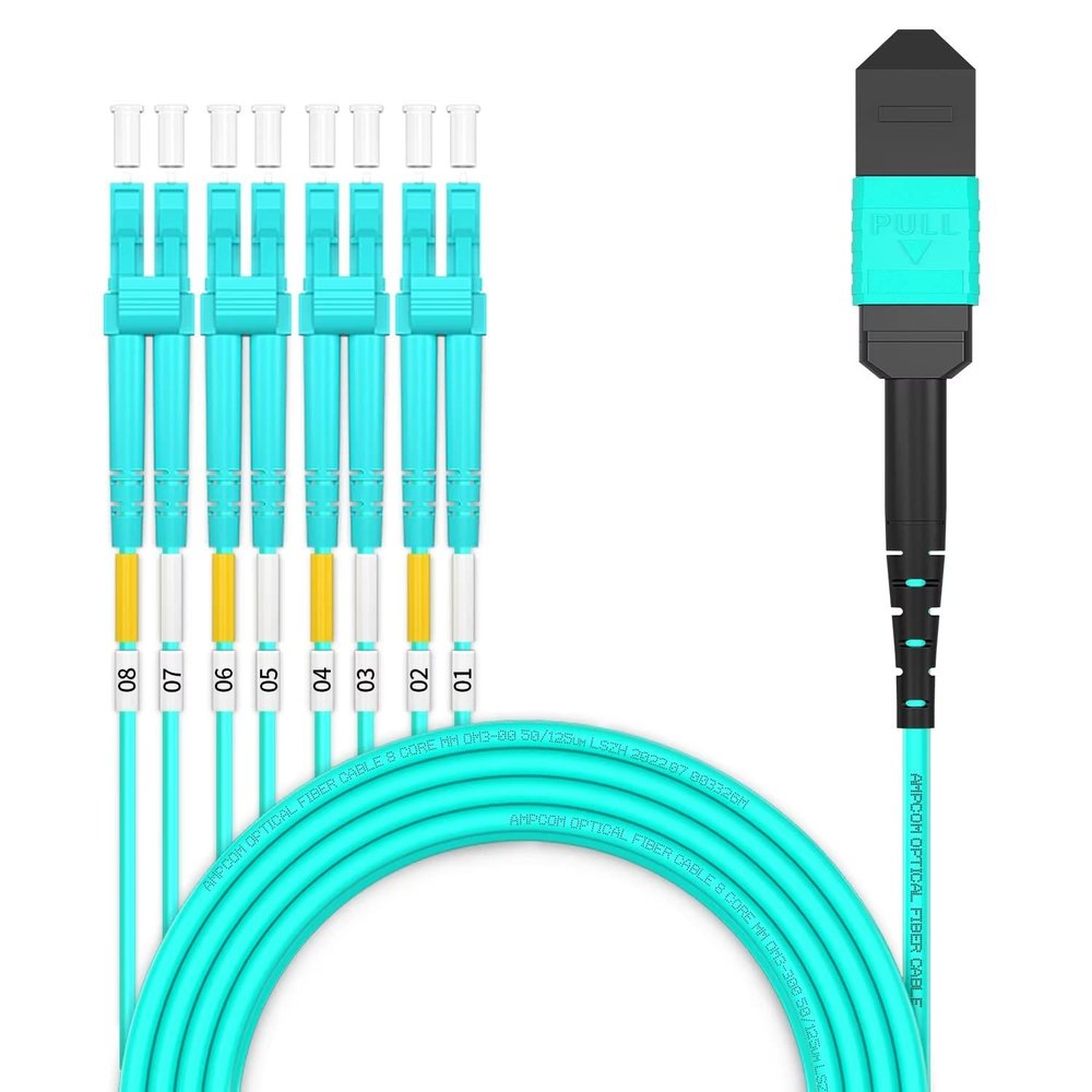 AMPCOM MPO to LC Breakout Cable 50/125m Multimode OM3-300(8 Fiber, MPO to LC, Type B, LSZH/Riser, UPC, Aqua) 10m (32ft)