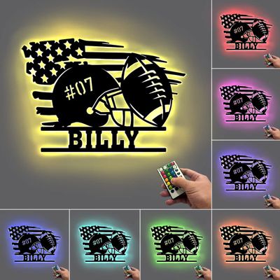 Personalized Wooden LED Wall Hanging Football Sign Night Light Custom Name Rugby Lamp with 16 Changing Colors,Deal for Kids and Adults Room Living Home Decoration (Football Player-2)