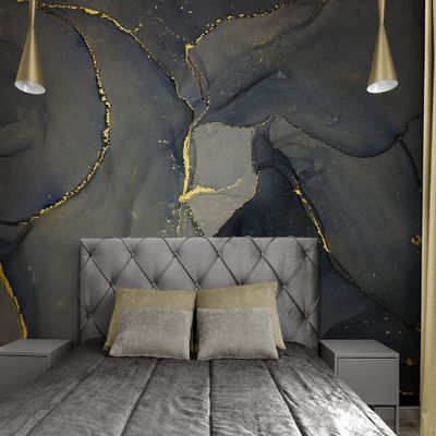 Abstract Black and Gold Agate Marble Stone Pattern Wall Mural. Removable Peel and Stick Wallpaper. #6454 (Small Sample to Try)