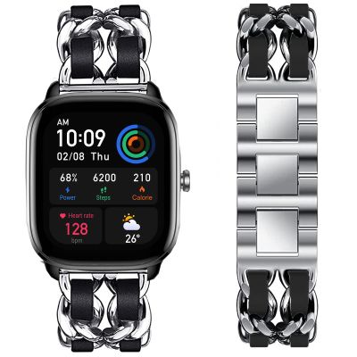Compatible for Amazfit GTS 4 Band, Lamshaw Jewelry Chain Metal Wristband with Leather Belt Strap Wristband Compatible for Bip 3/Bip 3 Pro/Bip U Pro/Bip U/GTS 3/GTS/GTS 2/GTS 2 mini/Bip/Bip S Lite/Bip S/GTS 4 Mini/GTS 4 Smartwatch (Silver-Black)
