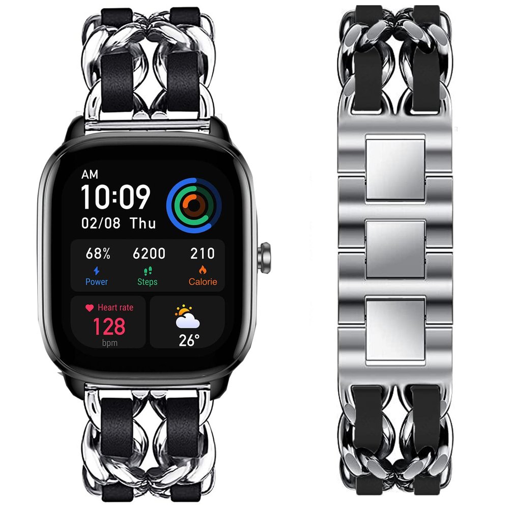 Compatible for Amazfit GTS 4 Band, Lamshaw Jewelry Chain Metal Wristband with Leather Belt Strap Wristband Compatible for Bip 3/Bip 3 Pro/Bip U Pro/Bip U/GTS 3/GTS/GTS 2/GTS 2 mini/Bip/Bip S Lite/Bip S/GTS 4 Mini/GTS 4 Smartwatch (Silver-Black)