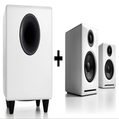 Audioengine A2 White Wireless Computer Speakers for Desktop Pc and S8 White Subwoofer