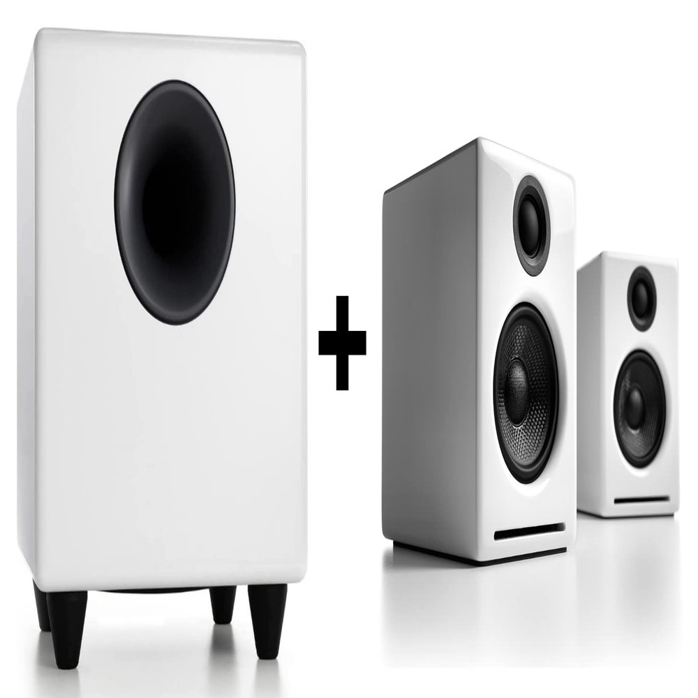 Audioengine A2 White Wireless Computer Speakers for Desktop Pc and S8 White Subwoofer