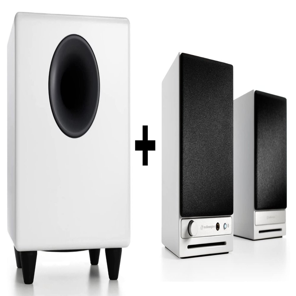 Audioengine A2 HD White Powered Bluetooth Speakers and S8 White Subwoofer Bundle