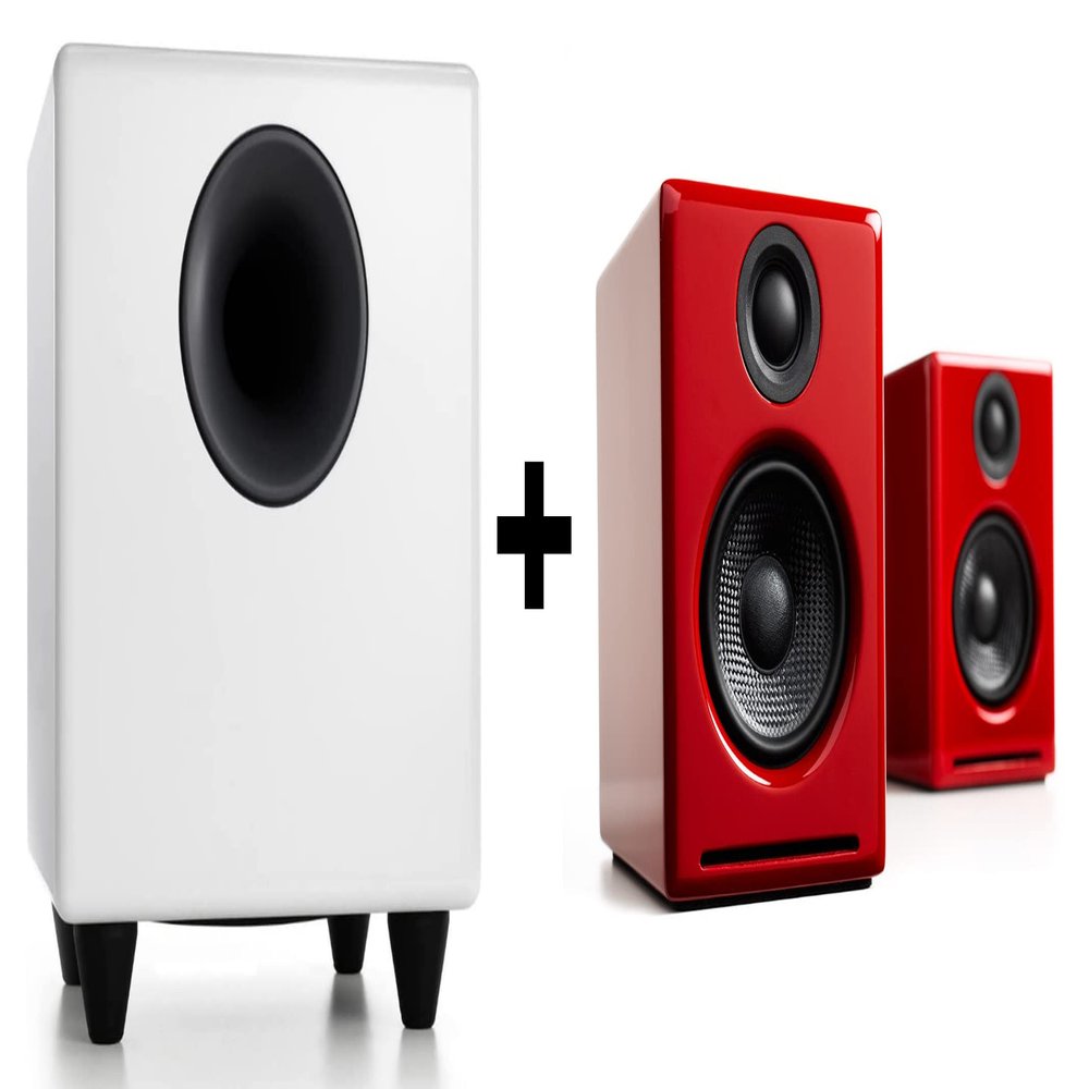 Audioengine A2 Plus Red Wireless Computer Speakers with Subwoofer S8 White