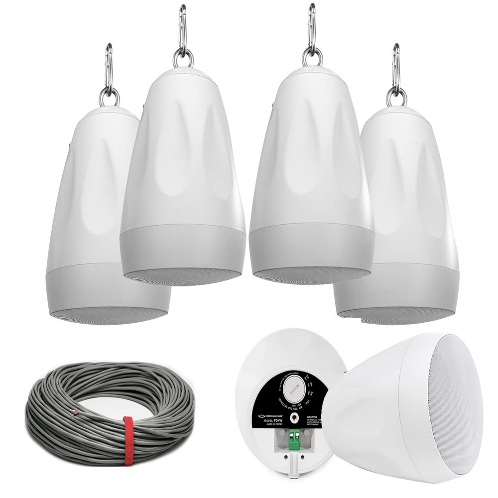 Pure Resonance Audio PD4W 4" Pendant Speaker Package with Installation Wire - (6 Speakers, White)