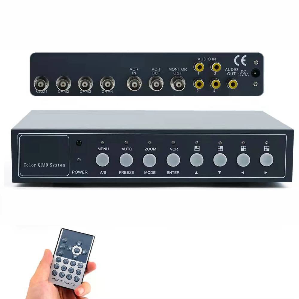 4 Channels Video Quad Video Image Multiplexer Processor for CCTV Surveillance Cameras, with Functions of Digital Zoom, Video Freezing, Video Loss Alarm, Motion Detection, Support Audio in/Out