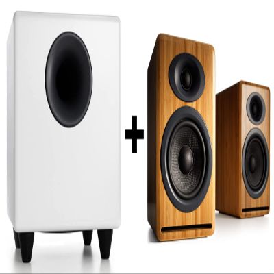Audioengine P4 Bamboo Passive Bookshelf Speakers and S8 White Subwoofer