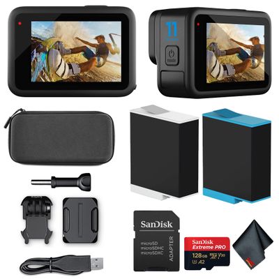 GoPro Hero 11 (HERO11) Black - Waterproof Action Camera with 5.3K Ultra HD Video, 27MP Photos, 1/1.9" Image Sensor, Live Streaming, Webcam, Stabilization + 128GB Extreme Pro Card and Extra Battery