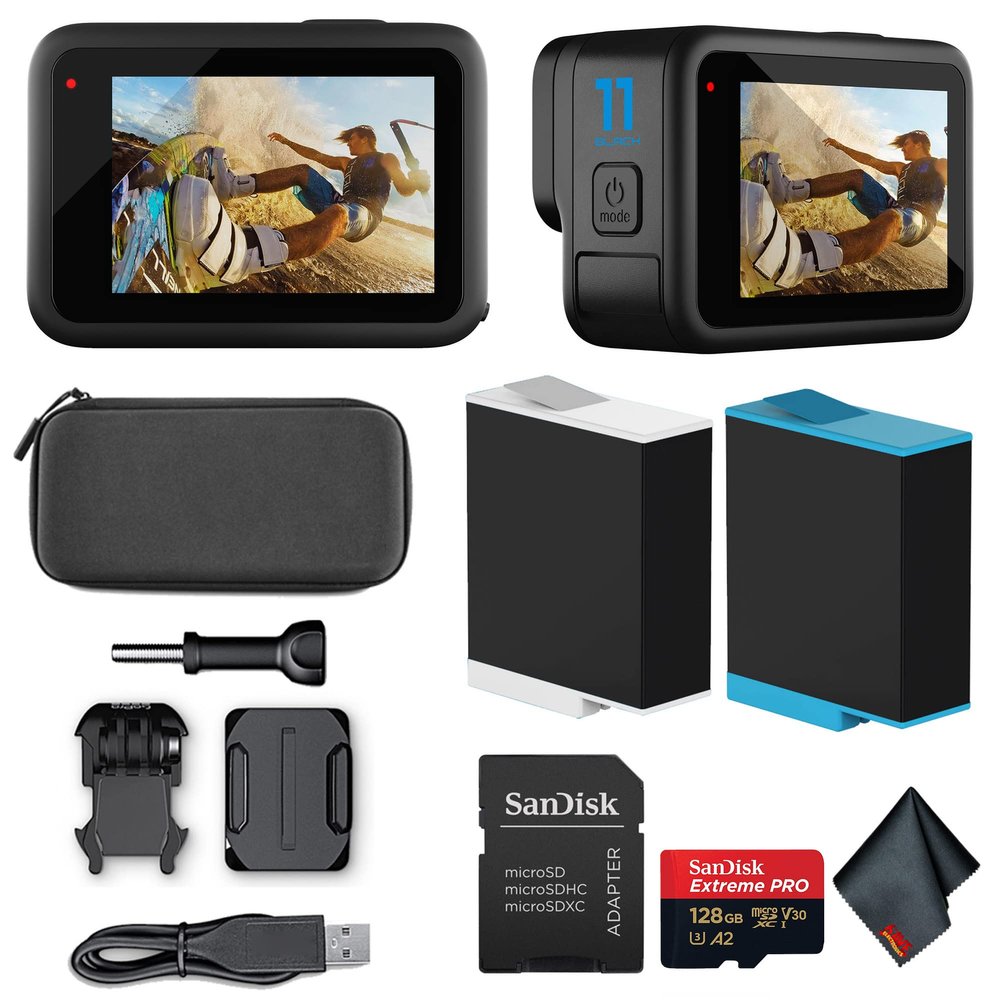 GoPro Hero 11 (HERO11) Black - Waterproof Action Camera with 5.3K Ultra HD Video, 27MP Photos, 1/1.9" Image Sensor, Live Streaming, Webcam, Stabilization + 128GB Extreme Pro Card and Extra Battery