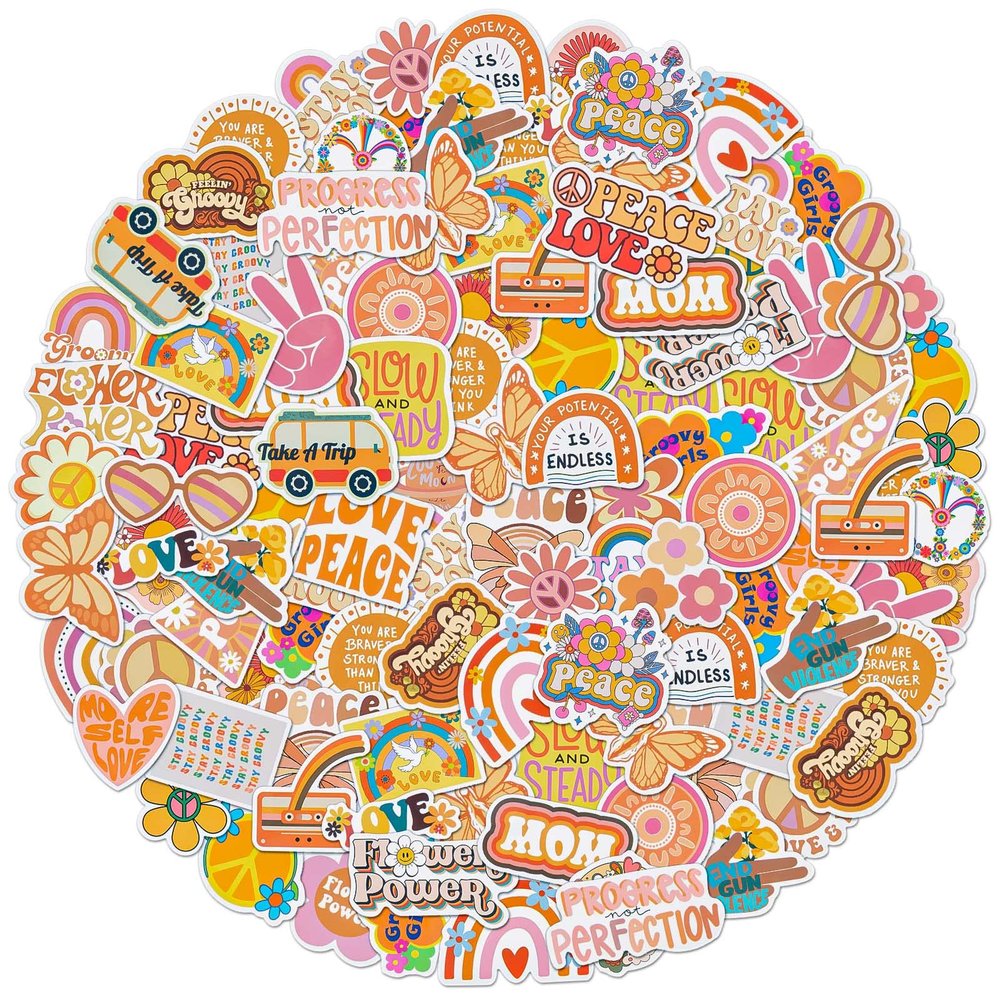 100 Pcs Groovy Boho Hippie Stickers, Boho Rainbow Daisy Flower Stickers, for Water Bottle, Srapbook, Laptop, Phone Case, Teens Girls Adults Hippie Decor Present