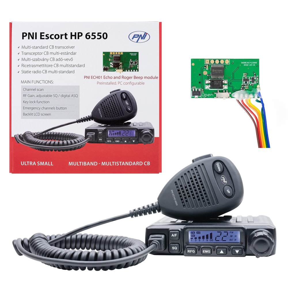 CB PNI 6550 Radio Station with PNI ECH01 Installed, multistandard, 4W, AM-FM, 12V, ASQ, with Echo Mode