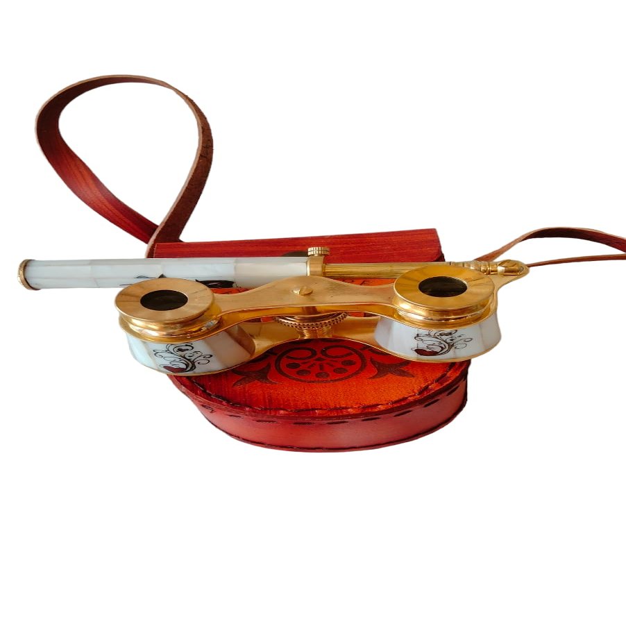 Brass Mother of Pearls White Seep Opera Glass Binocular Marine Maritime Nautical Leather Box Woman's Day, Valentine's Day Gifts
