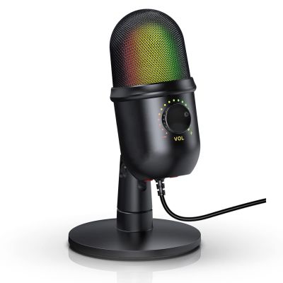 Andoer RGB Condenser Microphone USB Cardioid Microphone with Colorful Luminous Effect Real Time Mute One Button Monitoring with Desktop Microphone Stand for Laptop Live