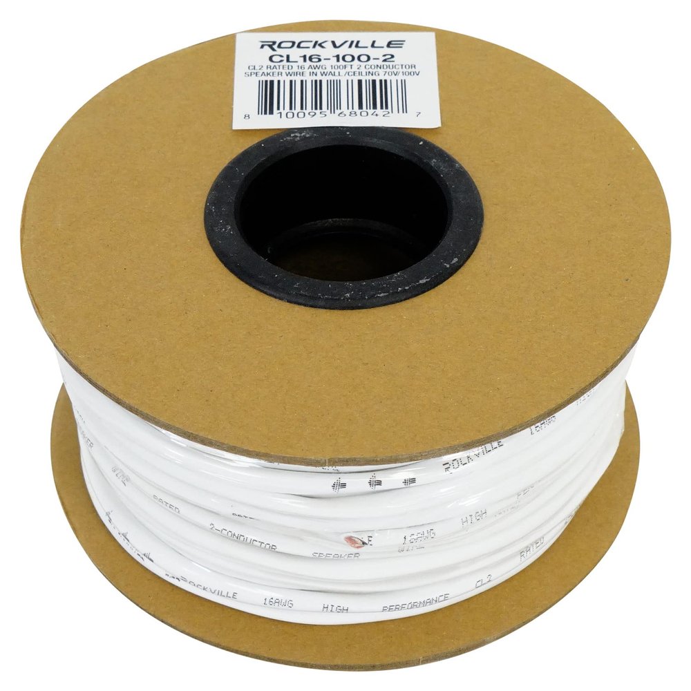 Rockville CL16-100-2 CL2 Rated 16 AWG 100' Speaker Wire, In-Wall and Ceiling Use, 2 Conductor, Oxygen-Free Copper, High Strand Count, Perfect for 70V/100V Home and Commercial Audio Installs