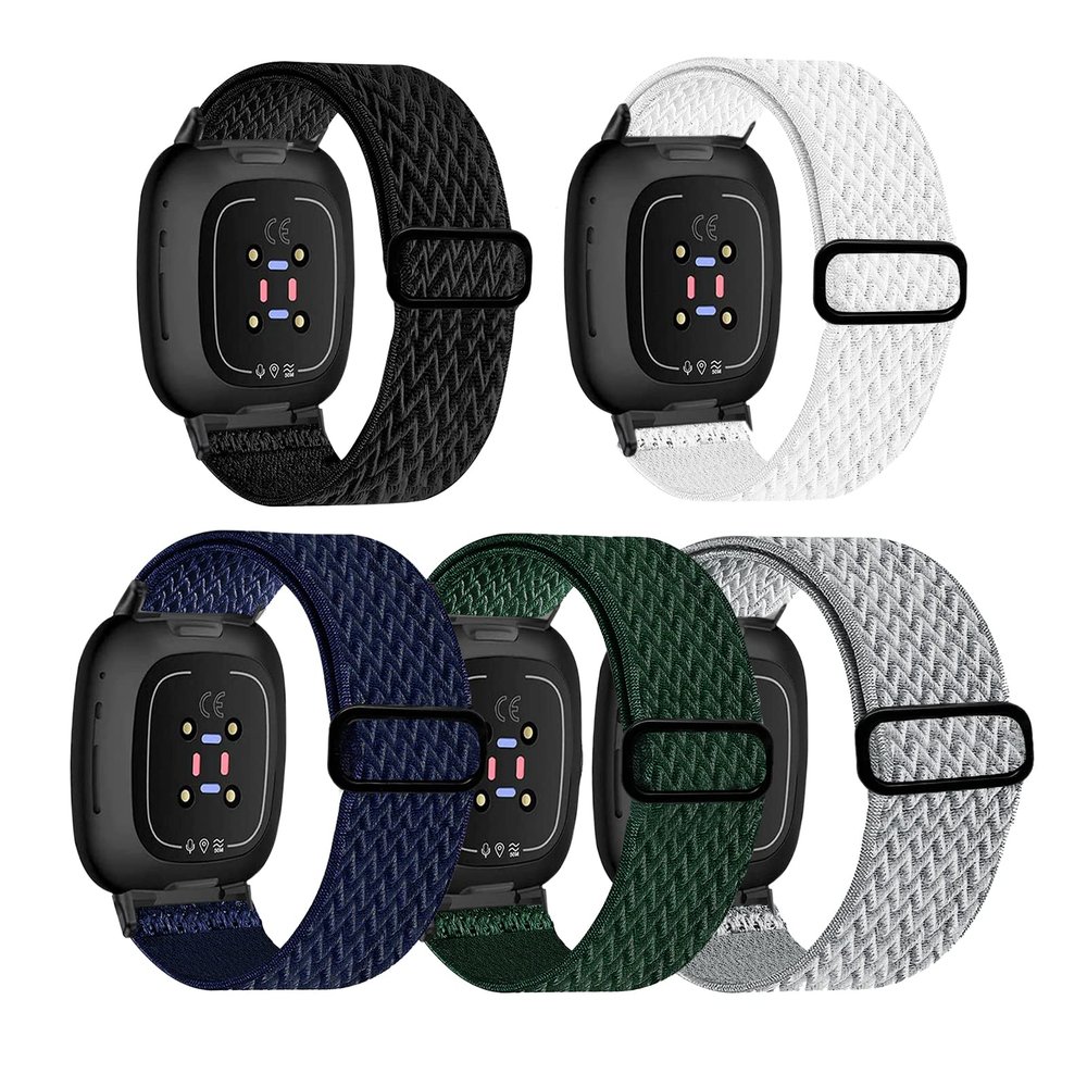 5 Pack Stretchy Band Compatible with Versa 3 Bands/Sense Bands/Versa 4 Bands/Sense 2 Bands Women Men,Soft Elastic Nylon Sport Strap Adjustable Replacement Wristbands for Versa 4/Sense 2 Watch