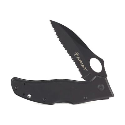 ARIAT Engraved Shield Text Logo Serrated Blade Folding Knife, Black, 3" Blade (Medium)