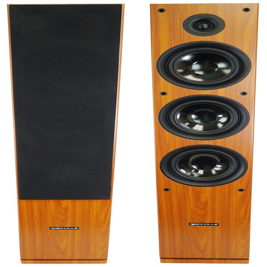 Rockville RockTower 68C Passive Tower Speaker, 8 Ohm, Classic Wood Grain, 500W Peak, 3-Way, Dual 6.5", MDF Cabinet, Detachable Grille, for Home Audio, 2-Piece