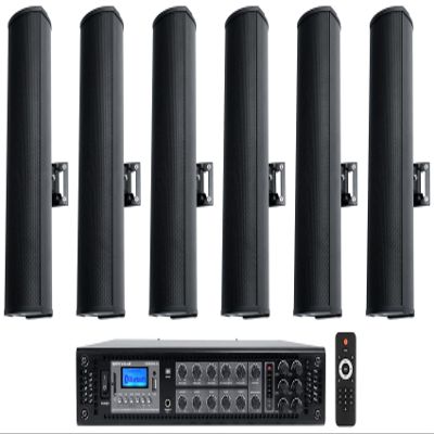 Rockville Bundle: RCS350-6 350W 6-Zone 70V Amp w/Bluetooth & Wet Array 4 Black Speakers, IP55 Wall Mount, 2-Way Line Array for Restaurant, Church, Auditorium, Indoor/Outdoor Use (7 Item)