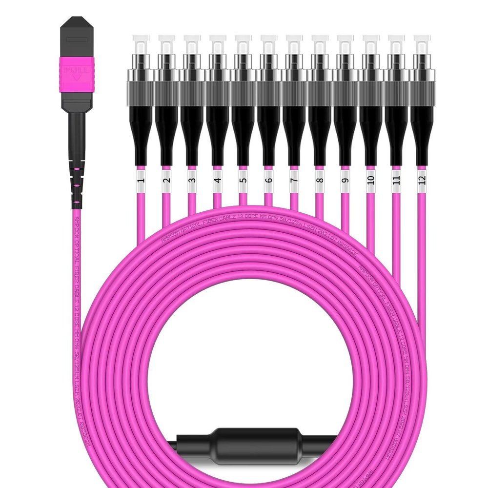 AMPCOM MPO to FC Breakout Cable 50/125m Multimode OM4(12 Fiber, MPO to FC, Type B, LSZH/Riser, UPC, Magenta) 15m (49ft)
