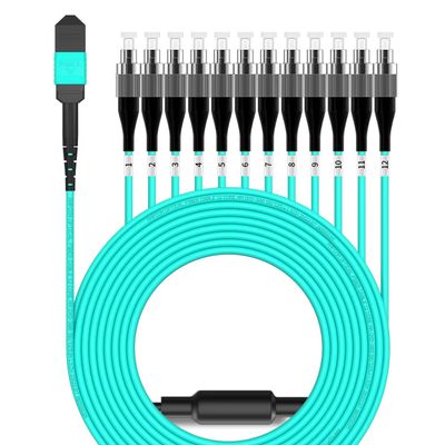 AMPCOM MPO to FC Breakout Cable 50/125m Multimode OM3-300(12 Fiber, MPO to FC, Type B, LSZH/Riser, UPC, Aqua) 50m (164ft)