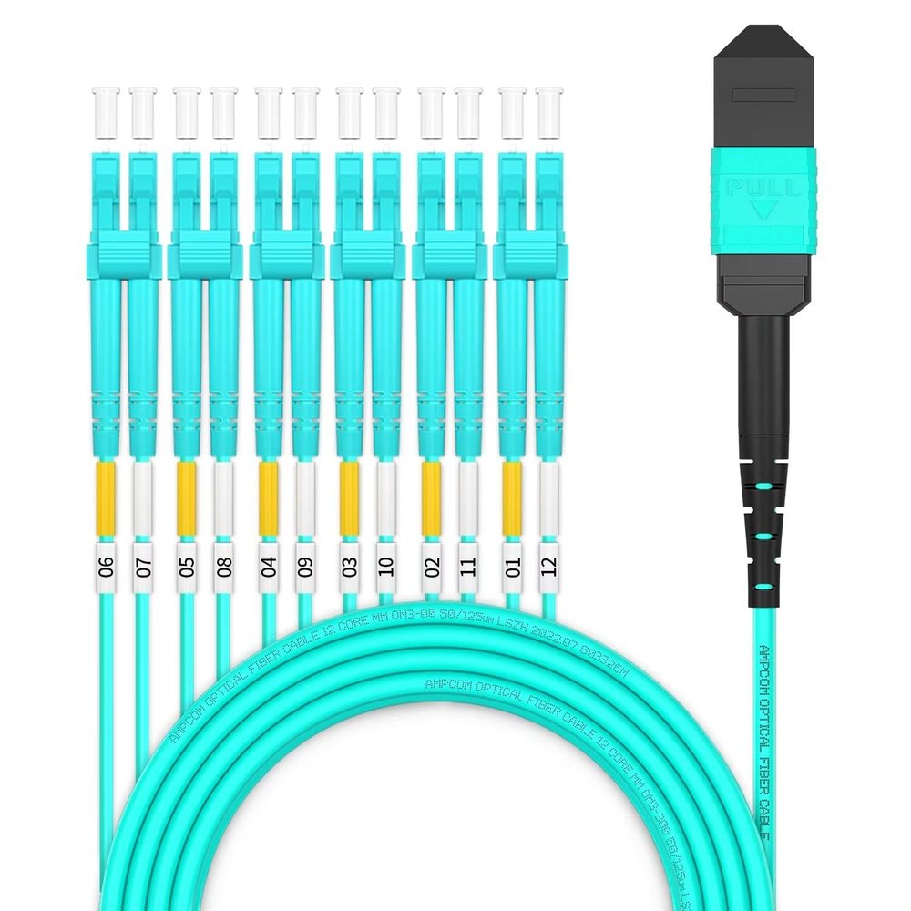 AMPCOM MPO to LC Breakout Cable 50/125m Multimode OM3-300(12 Fiber, MPO to LC, Type B, LSZH/Riser, UPC, Aqua) 1m (3ft)
