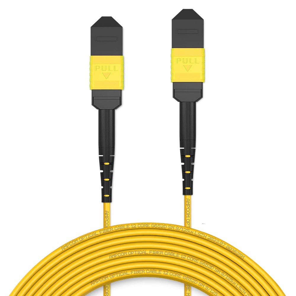 AMPCOM MPO to MPO Trunk Cable 9/125m Singlemode OS1/OS2(12 Fiber, MPO to MPO Female, Type B, LSZH/Riser, UPC, Yellow) 3m (9ft)