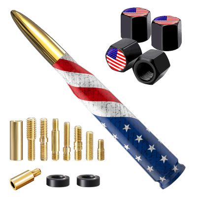 American Flag Car Truck Bullet Antenna with Valve Stem Caps, Universal Antenna Mast for GM Chevy Silverado 1500 2500 3500 HD Avalanche Ford F150 F250 F350 Heavy Duty Pickup Jeep Accessories (Gold)