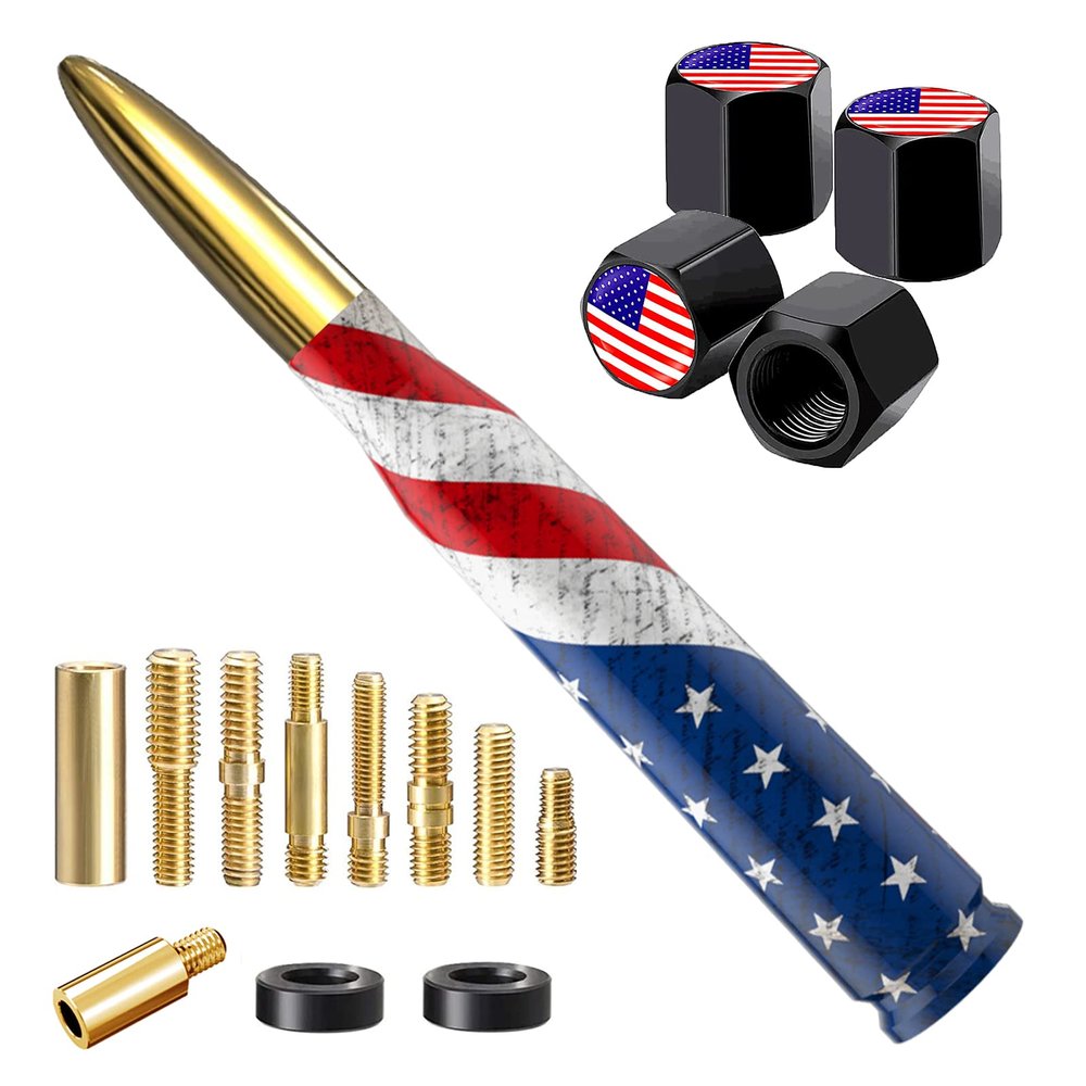 American Flag Car Truck Bullet Antenna with Valve Stem Caps, Universal Antenna Mast for GM Chevy Silverado 1500 2500 3500 HD Avalanche Ford F150 F250 F350 Heavy Duty Pickup Jeep Accessories (Gold)