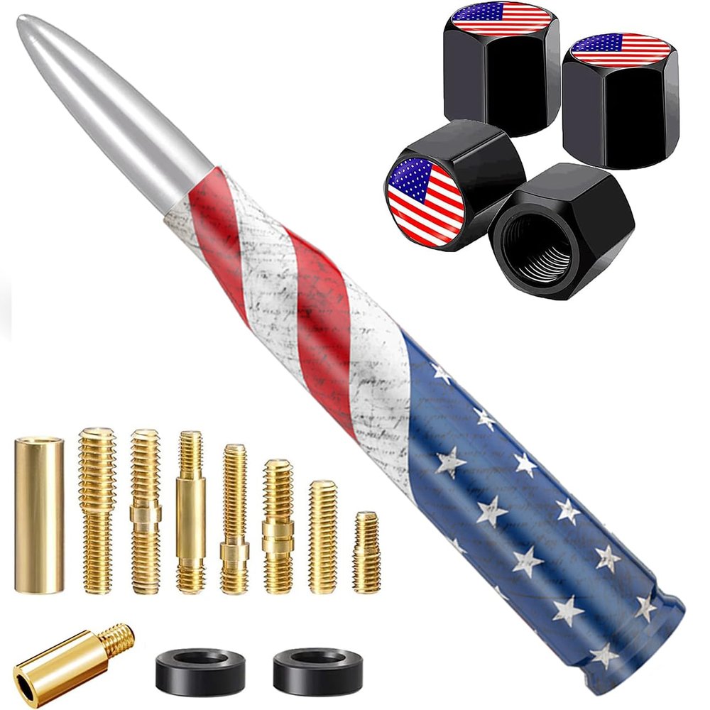 American Flag Car Truck Bullet Antenna with Valve Stem Caps, Universal Antenna Mast for GM Chevy Silverado 1500 2500 3500 HD Avalanche Ford F150 F250 F350 Heavy Duty Pickup Jeep Accessories (Silver)
