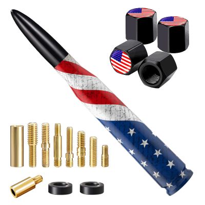 American Flag Car Truck Bullet Antenna with Valve Stem Caps, Universal Antenna Mast for GM Chevy Silverado 1500 2500 3500 HD Avalanche Ford F150 F250 F350 Heavy Duty Pickup Jeep Accessories (Black)