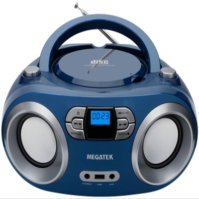MEGATEK Portable CD Player Boombox with FM Radio, Bluetooth, USB Port, AUX Input, and Headphone Jack CD-R/CD-RW/MP3-CD Compatible, Clear Stereo Sound, Backlit LCD Display Blue Jay