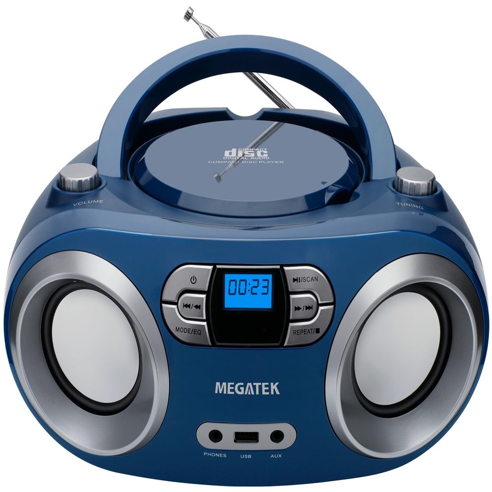 MEGATEK Portable CD Player Boombox with FM Radio, Bluetooth, USB Port, AUX Input, and Headphone Jack  CD-R/CD-RW/MP3-CD Compatible, Clear Stereo Sound, Backlit LCD Display  Blue Jay
