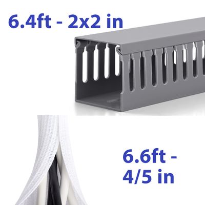 6.6ft - 4/5 inch White Cable Sleeve & 2x2in Server Rack Cable Management, 6.4FT Cable Duct Cable Raceway Kit, Electrically Safe PVC for Network Cable Management, Open Slot Wire Raceway