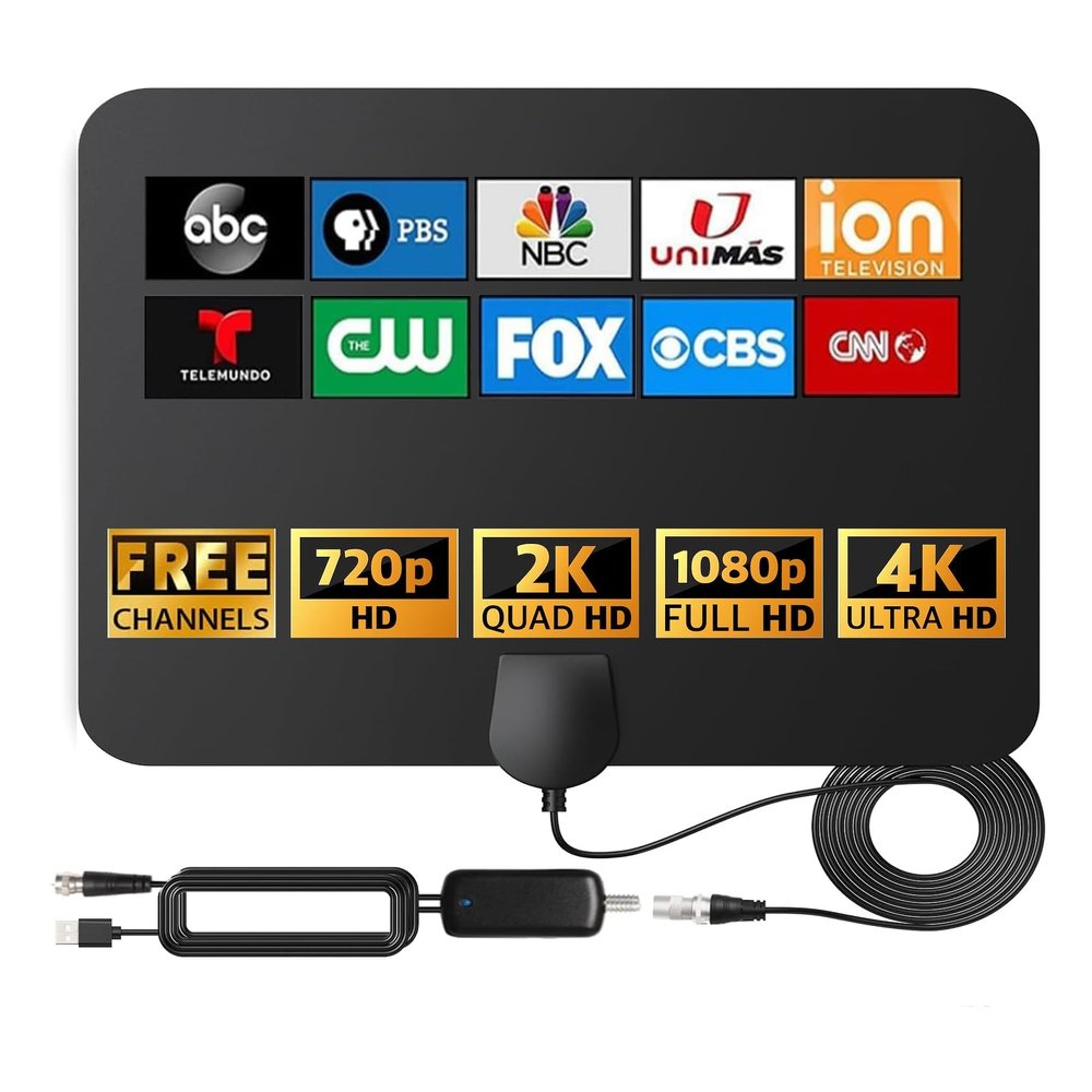 RUPA HDTV Digital Antenna, Ultra-Thin Outdoor Indoor Antenna, 1000 Miles Range, 4K 1080P UHF VHF Freeview, Support Older TV's Smart Amplifier Signal Booster with Coax Cable 16ft (Black)