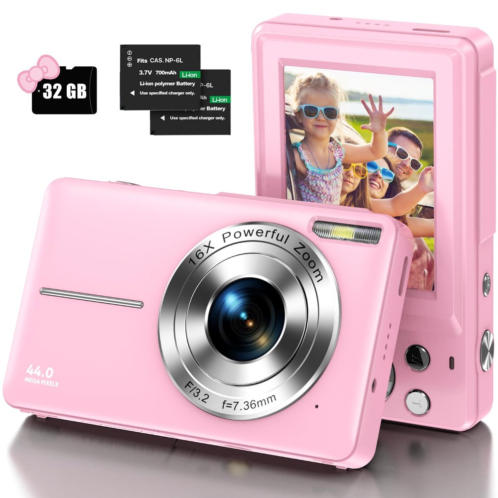 Digital Camera, Kids Camera with 32GB Card FHD 1080P 44MP Vlogging LCD Screen 16X Zoom Compact Portable Mini Rechargeable Gifts for Students Teens Adults Girls Boys-Black, (DC403Black)