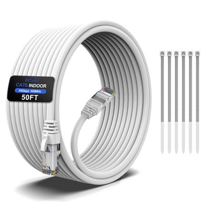 50FT Cat6 Ethernet Cable, Cat 6 Patch Cable, Cat6 Internet Cable, UTP Network Cable, Indoor and Outdoor, PoE, 24AWG CCA, Compatible for PC, Laptop, Router, Switch, Server, with 25 Cable Ties - White
