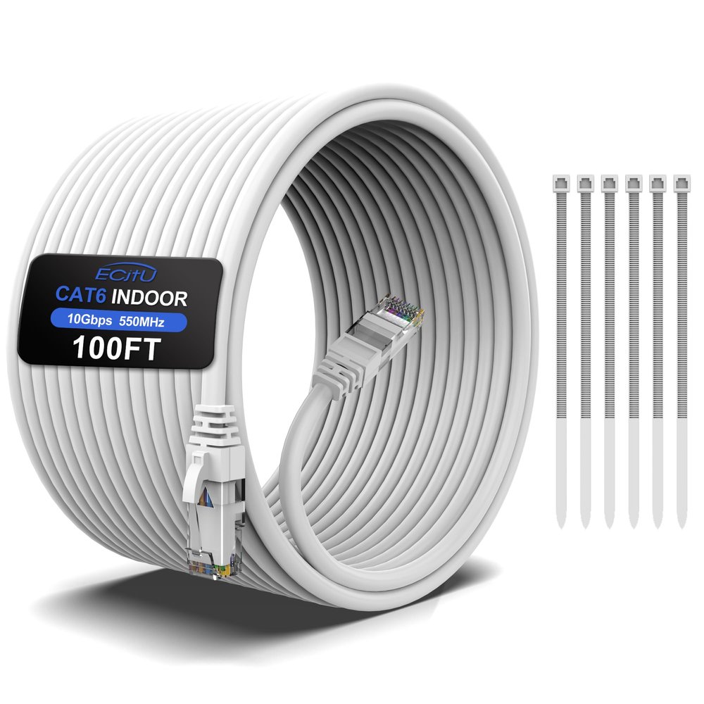 100FT Cat6 Ethernet Cable, Cat 6 Patch Cable, Cat6 Internet Cable, UTP Network Cable, Indoor and Outdoor, PoE, 24AWG CCA, Compatible for PC, Laptop, Router, Switch, Server, with 25 Cable Ties - White