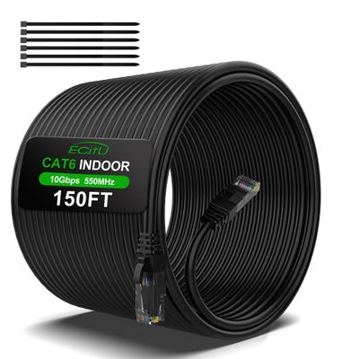 150FT Cat6 Ethernet Cable, Cat 6 Patch Cable, Cat6 Internet Cable, UTP Network Cable, Indoor and Outdoor, PoE, 24AWG CCA, Compatible for PC, Laptop, Router, Switch, Server, with 25 Cable Ties - Black