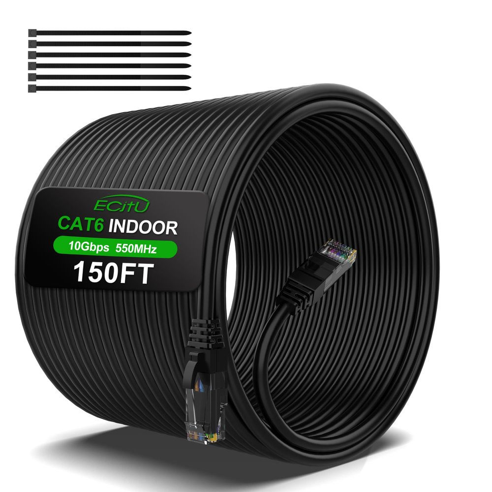 150FT Cat6 Ethernet Cable, Cat 6 Patch Cable, Cat6 Internet Cable, UTP Network Cable, Indoor and Outdoor, PoE, 24AWG CCA, Compatible for PC, Laptop, Router, Switch, Server, with 25 Cable Ties - Black