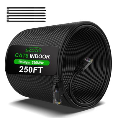250FT Cat6 Ethernet Cable, Cat 6 Patch Cable, Cat6 Internet Cable, UTP Network Cable, Indoor and Outdoor, PoE, 24AWG CCA, Compatible for PC, Laptop, Router, Switch, Server, with 25 Cable Ties - Black