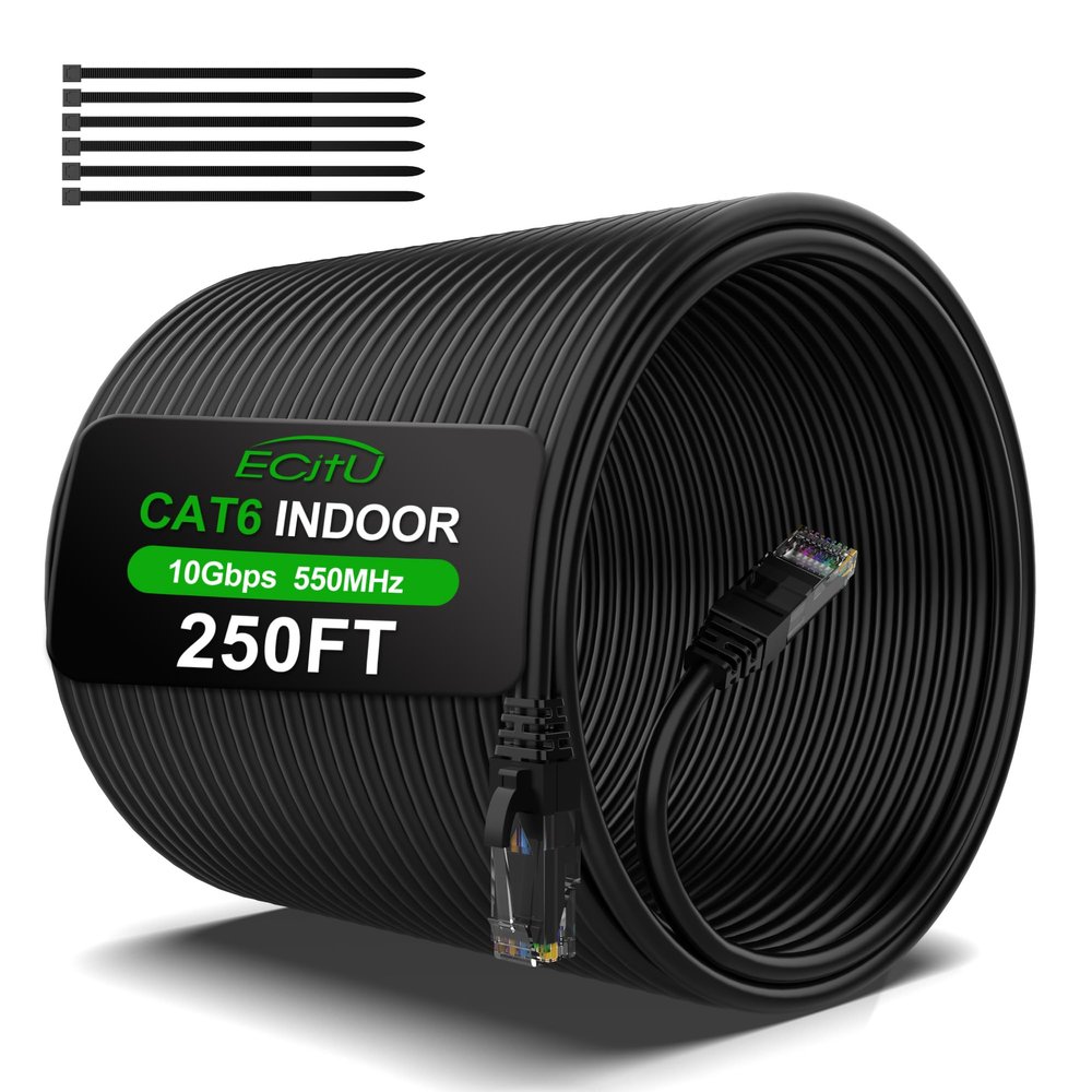 250FT Cat6 Ethernet Cable, Cat 6 Patch Cable, Cat6 Internet Cable, UTP Network Cable, Indoor and Outdoor, PoE, 24AWG CCA, Compatible for PC, Laptop, Router, Switch, Server, with 25 Cable Ties - Black