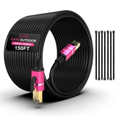 150FT Cat8 Outdoor Ethernet Cable, In-Ground, 26AWG Pure Copper Cat 8, Heavy Duty Direct Burial, LLDPE UV Jacket, Waterproof, 40Gbps 2000Mhz SFTP Patch Cord, POE, Network, Internet, with 25 Cable Ties
