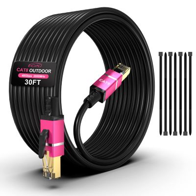 30FT Cat8 Outdoor Ethernet Cable, In-Ground, 26AWG Pure Copper Cat 8, Heavy Duty Direct Burial, LLDPE UV Jacket, Waterproof, 40Gbps 2000Mhz SFTP Patch Cord, POE, Network, Internet, with 25 Cable Ties